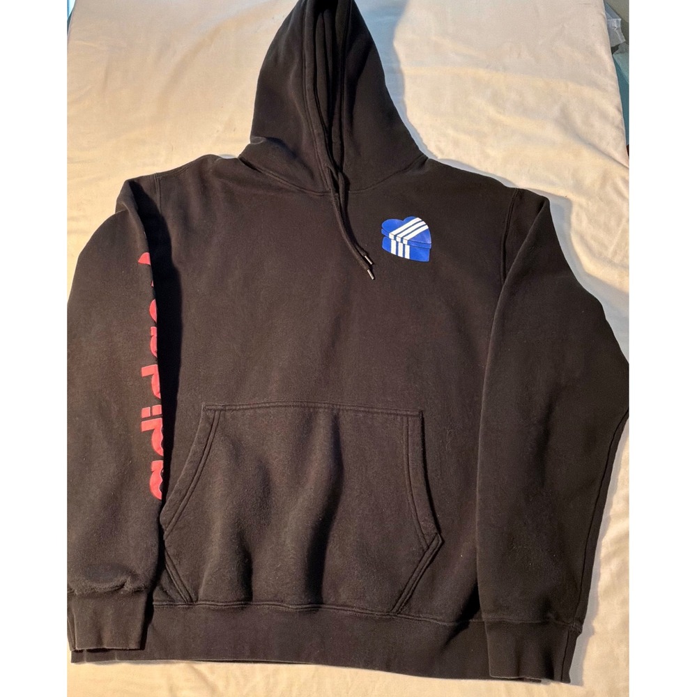 Adidas Originals Mens XL Hoodie Black Blue Heart Trefoil Pink Sleeve Logo